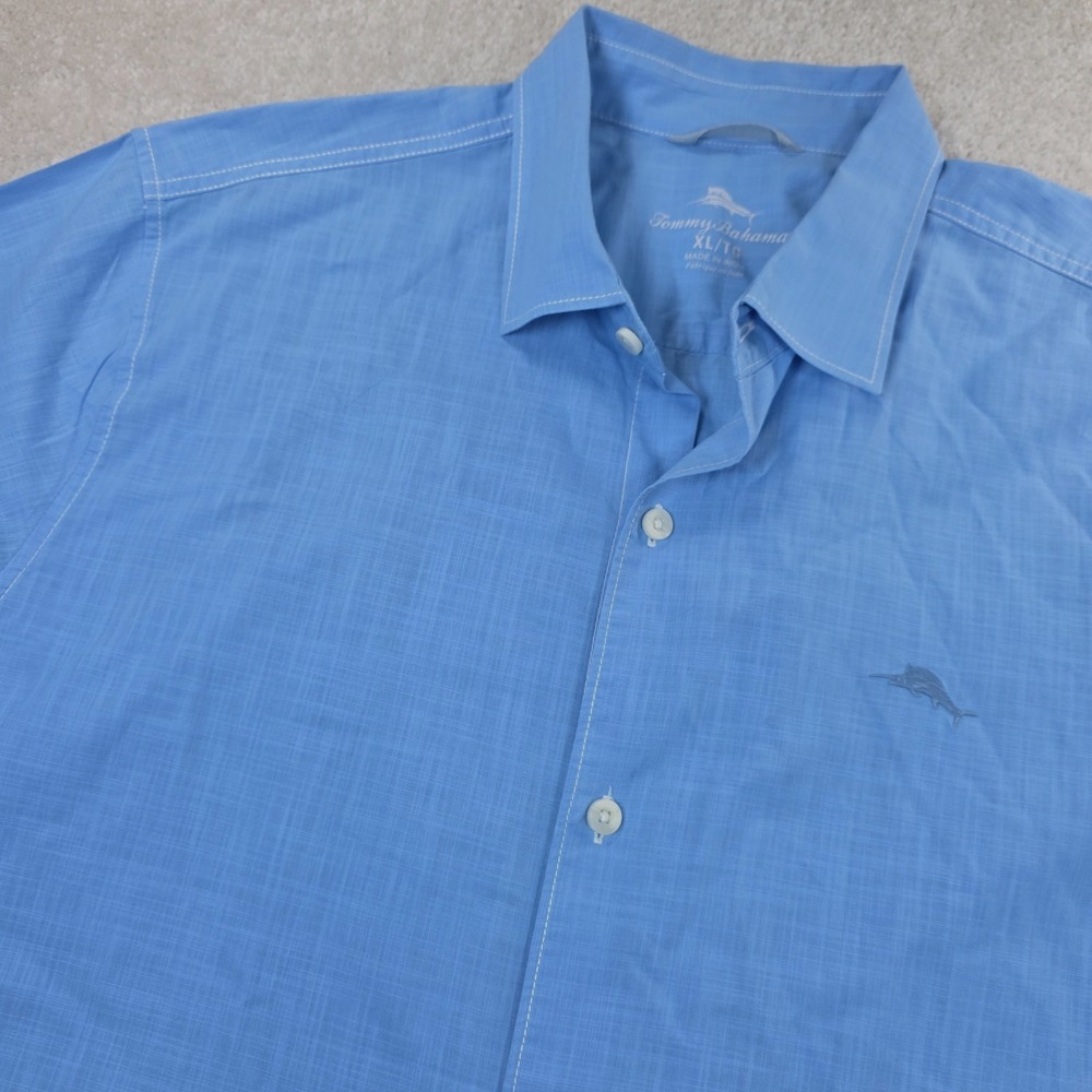 Tommy Bahama Shirt Mens XL Blue Cotton Short Sleeve Button-Up Embroidered Logo